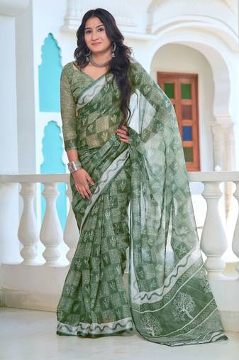 Pista printed linen cotton saree