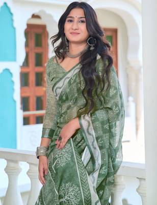 Pista printed linen cotton saree 3