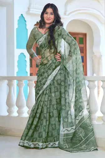 Pista printed linen cotton saree