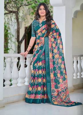 Multi printed linen cotton saree 1