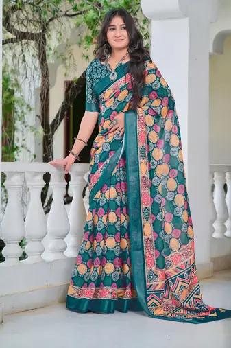 Multi printed linen cotton saree