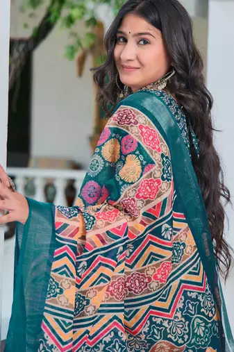 Multi printed linen cotton saree