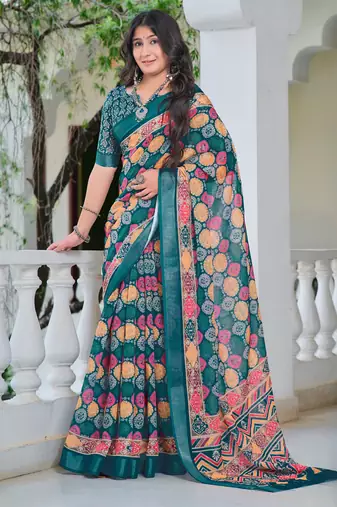 Multi printed linen cotton saree