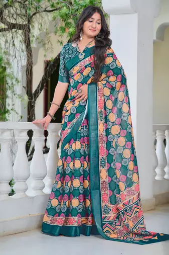 Multi printed linen cotton saree