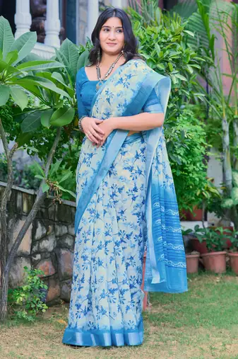 Blue printed linen cotton saree