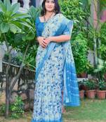 Blue printed linen cotton saree