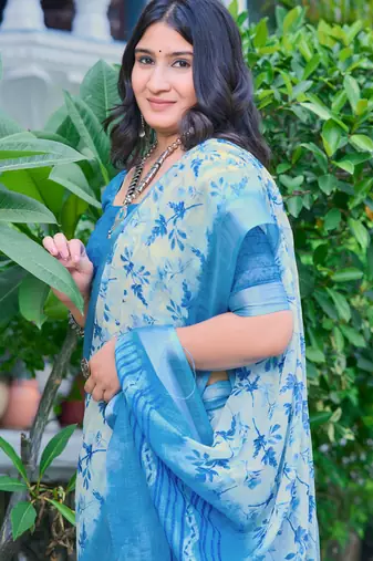 Blue printed linen cotton saree