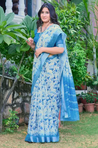 Blue printed linen cotton saree