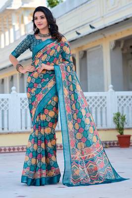 Multi printed linen cotton saree 1