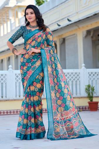 Multi printed linen cotton saree