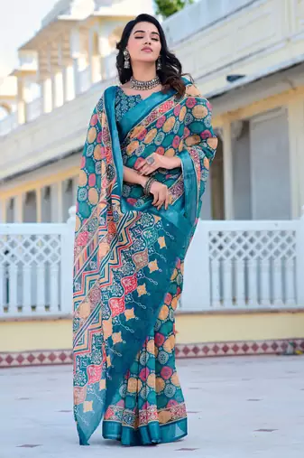 Multi printed linen cotton saree