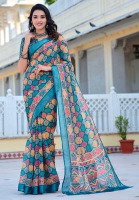 Multi printed linen cotton saree 4