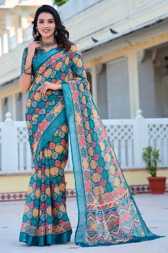 Multi printed linen cotton saree