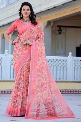 Pink printed linen cotton saree