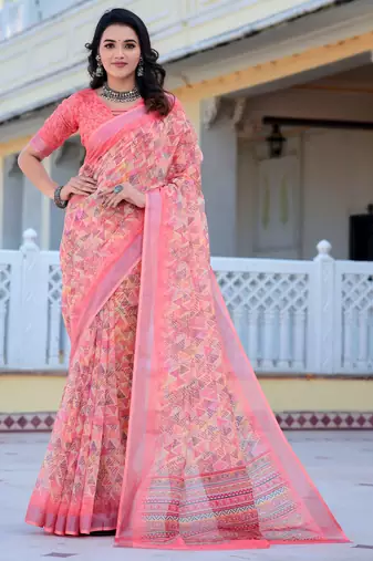 Pink printed linen cotton saree