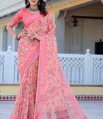 Pink printed linen cotton saree