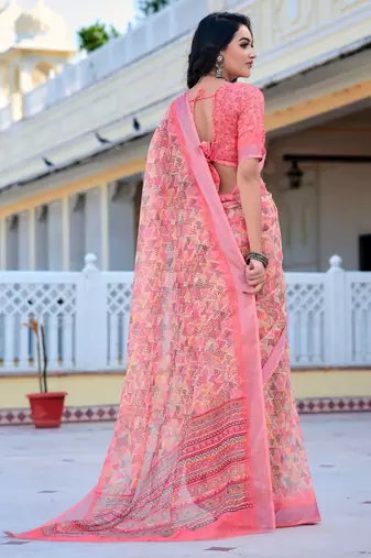 Pink printed linen cotton saree