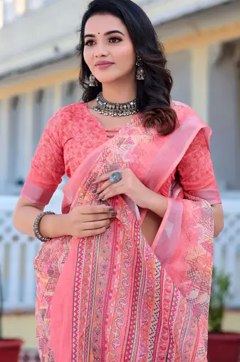 Pink printed linen cotton saree