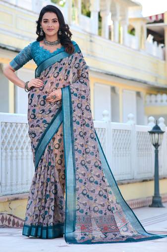 Grey printed linen cotton saree