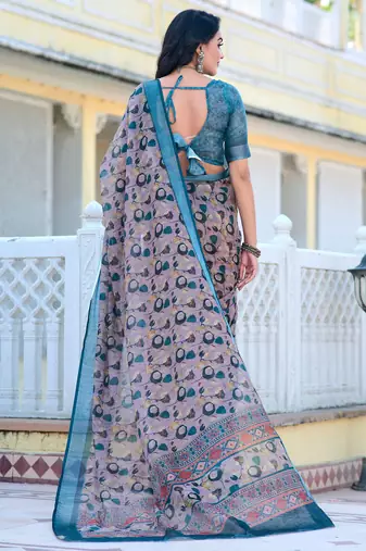 Grey printed linen cotton saree