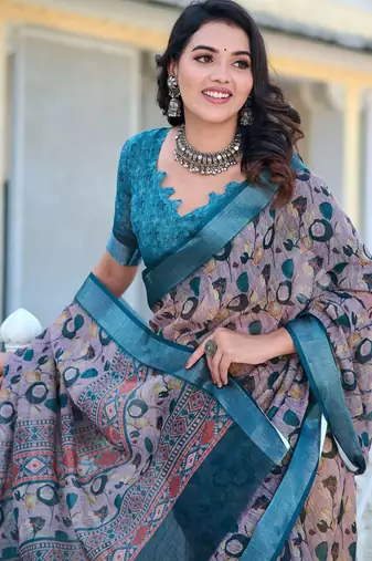 Grey printed linen cotton saree