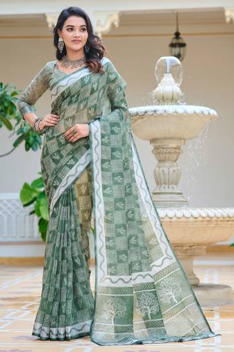 Pista printed linen cotton saree