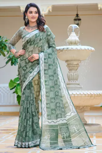 Pista printed linen cotton saree