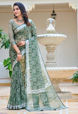 Pista printed linen cotton saree 4