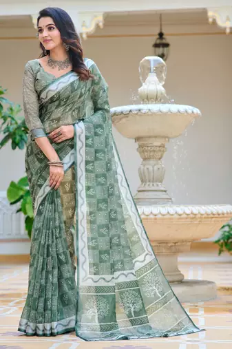 Pista printed linen cotton saree