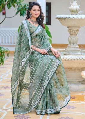Pista printed linen cotton saree 5