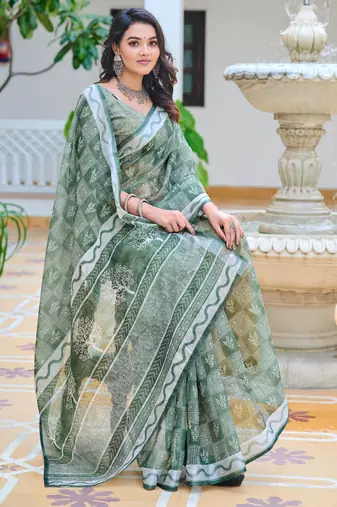 Pista printed linen cotton saree