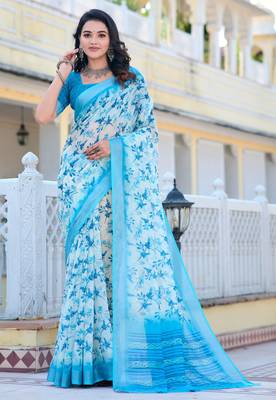 Firozi printed linen cotton saree 1