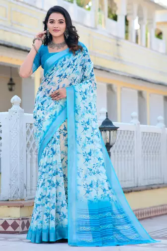 Firozi printed linen cotton saree