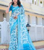 Firozi printed linen cotton saree
