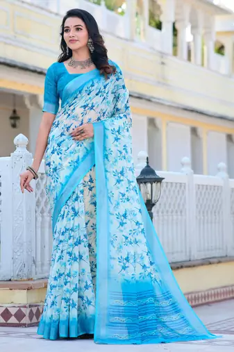 Firozi printed linen cotton saree