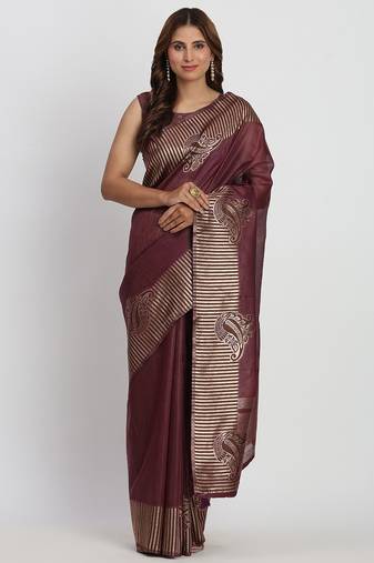 Purple linen cotton woven saree
