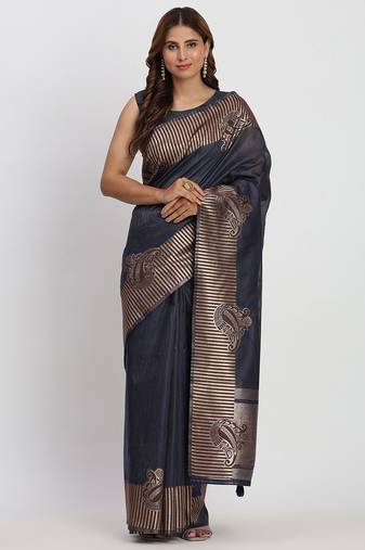 Navy blue linen cotton woven saree