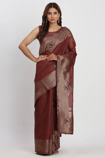 Maroon linen cotton woven saree