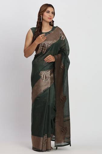 Dark green linen cotton woven saree