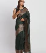 Dark green linen cotton woven saree