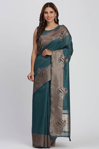 Sea green linen cotton woven saree
