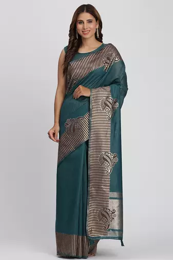 Sea green linen cotton woven saree