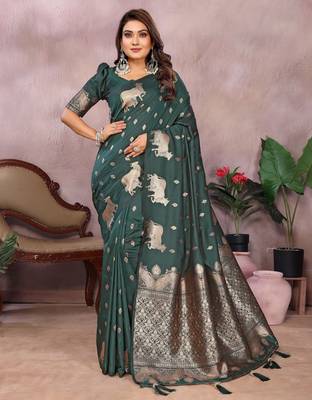 Green faux banarasi silk blend jacquard weaving saree 1