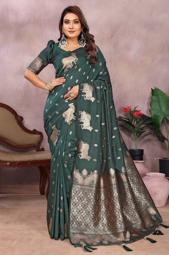 Green banarasi silk blend jacquard weaving saree