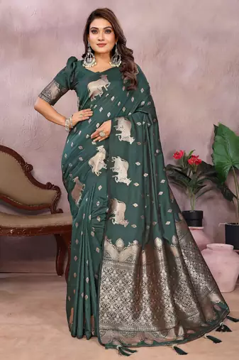 Green banarasi silk blend jacquard weaving saree