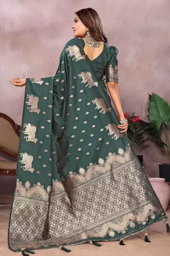 Green faux banarasi silk blend jacquard weaving saree