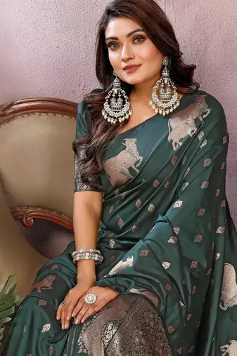 Green faux banarasi silk blend jacquard weaving saree