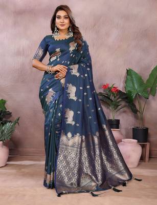 Teal faux banarasi silk blend jacquard weaving saree 1