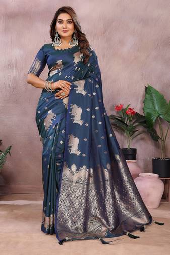 Teal banarasi silk blend jacquard weaving saree