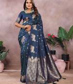 Teal banarasi silk blend jacquard weaving saree